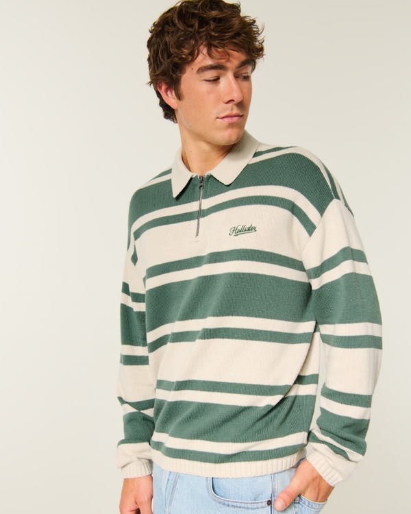 Boxy Logo Sweater Polo, Cream And Green Stripe view 2