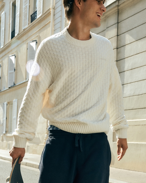 Boxy Textural Logo Crew Sweater, Cream view 1