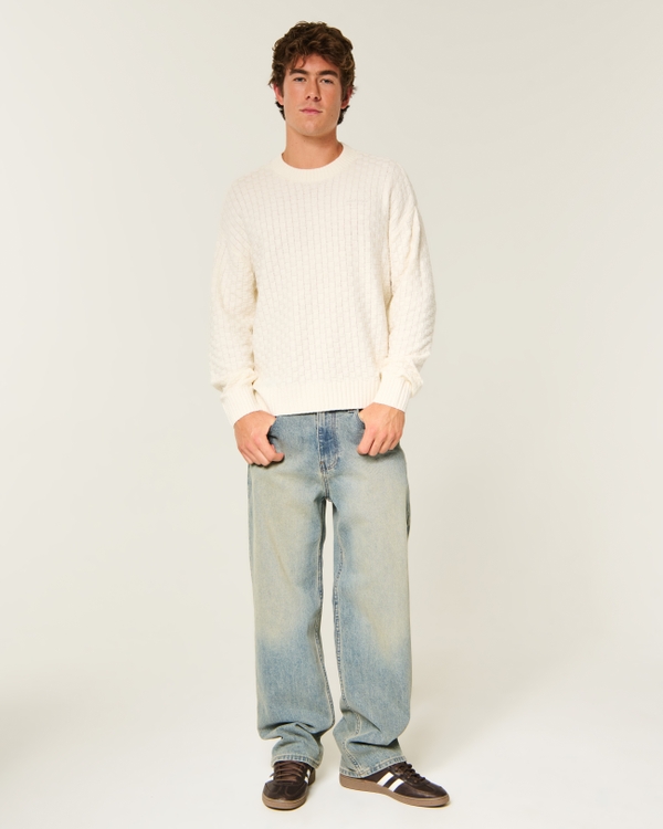 Boxy Textural Logo Crew Sweater, Cream view 2