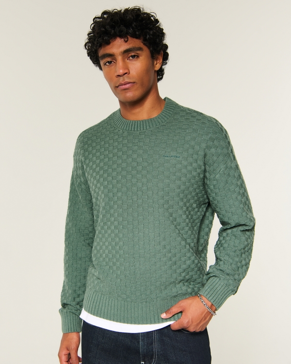 Boxy Textural Logo Crew Sweater, Green view 1