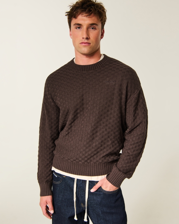 Boxy Textural Logo Crew Sweater, Dark Brown view 1