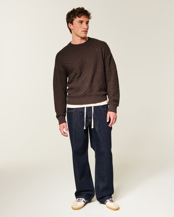 Boxy Textural Logo Crew Sweater, Dark Brown view 2