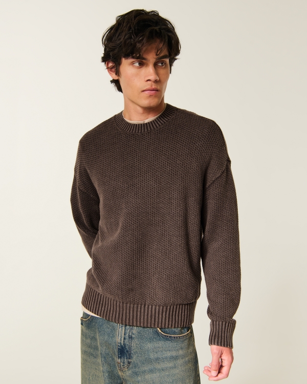 Boxy Washed Waffle Crew Sweater, Dark Brown view 1
