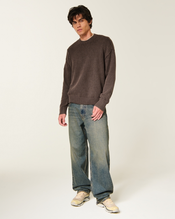Boxy Washed Waffle Crew Sweater, Dark Brown view 2