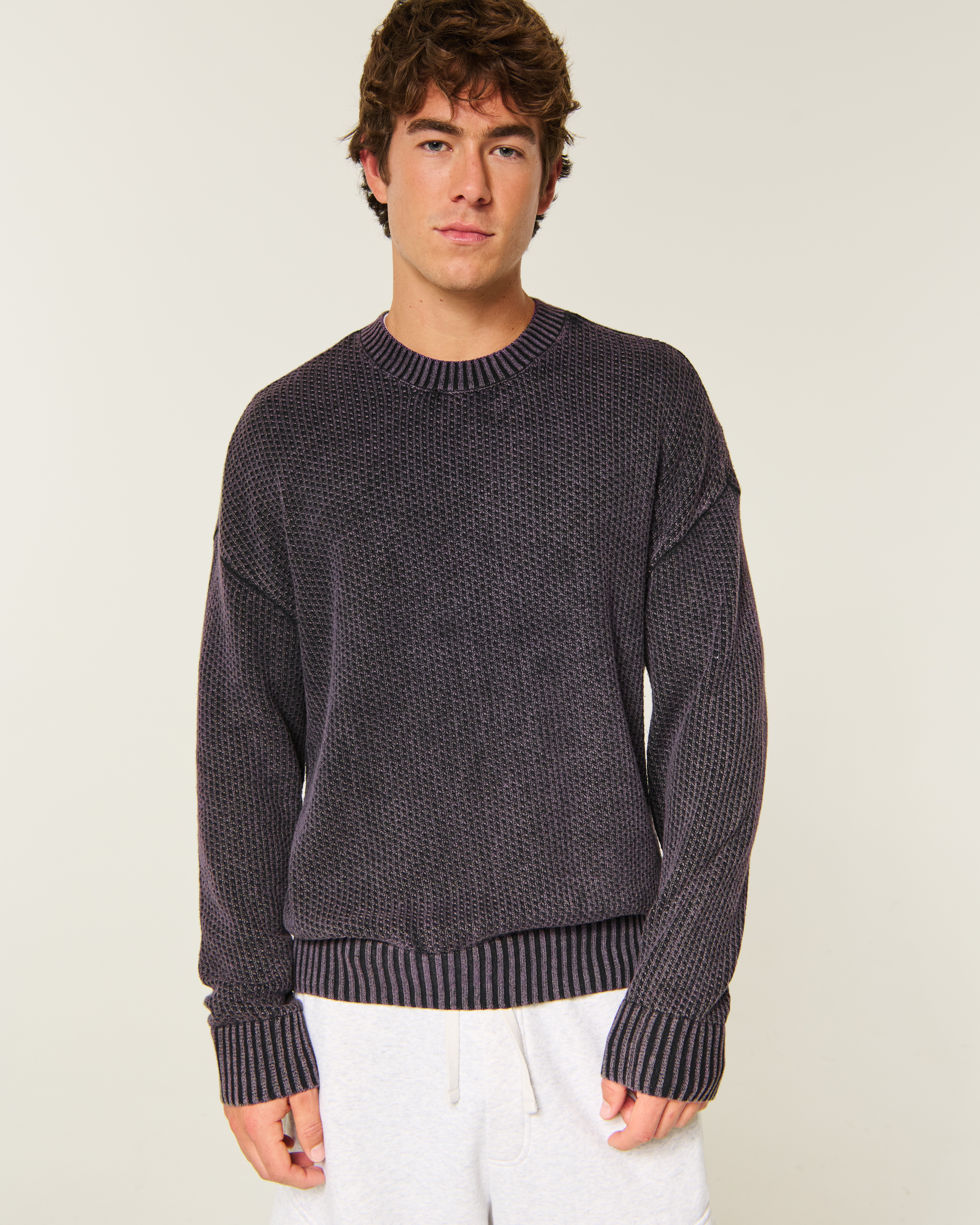 Boxy Washed Waffle Crew Sweater