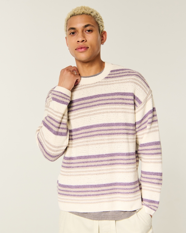 Boxy Textural Stripe Crew Sweater, Cream view 1