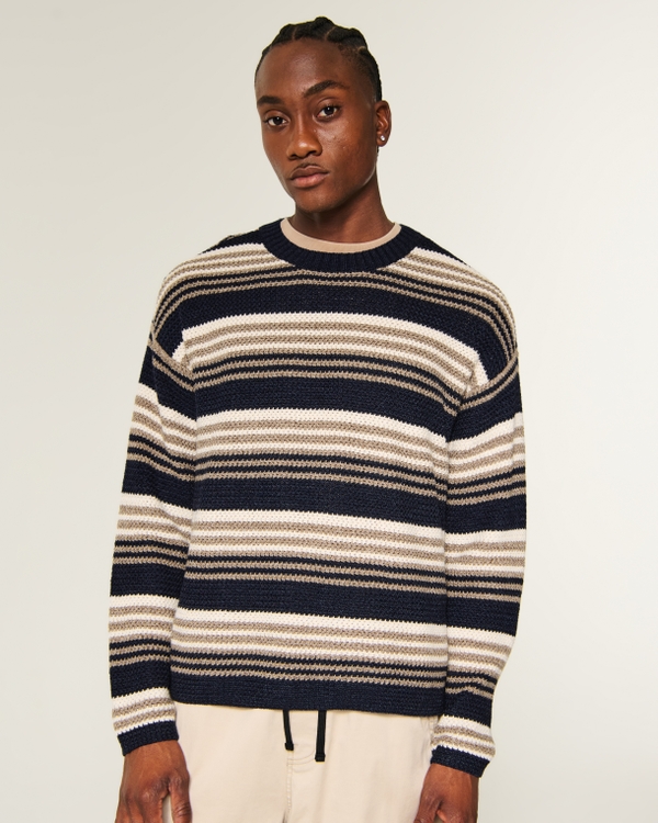 Boxy Textural Stripe Crew Sweater, Navy Stripe view 1