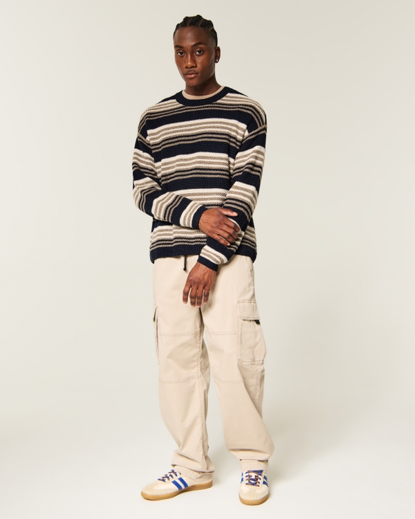 Boxy Textural Stripe Crew Sweater, Navy Stripe view 2