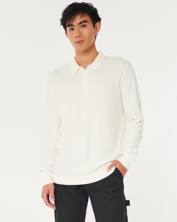 Textured Long-Sleeve Sweater Polo, Cream