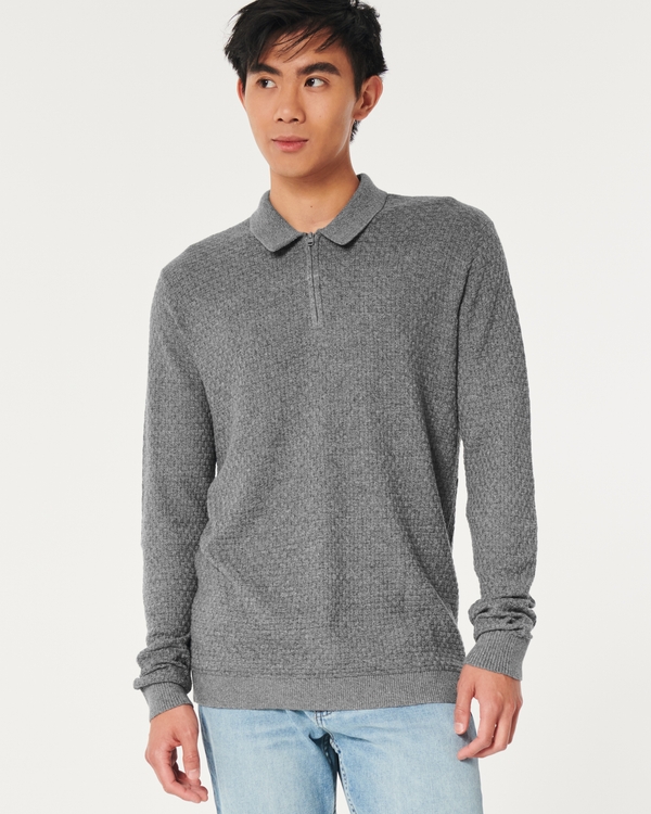 Textured Long-Sleeve Sweater Polo, Dark Heather Grey