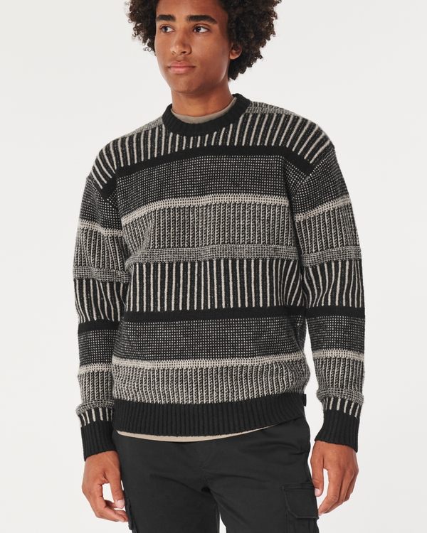 Relaxed Textured Stitch Crew Sweater, Black Stripe