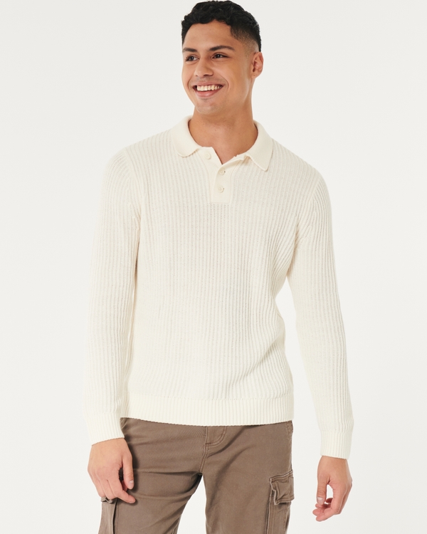 Long-Sleeve Sweater Polo, Cream