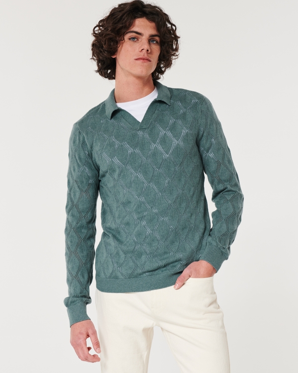 Open-Stitch Sweater Polo, Med Blue Sd/texture