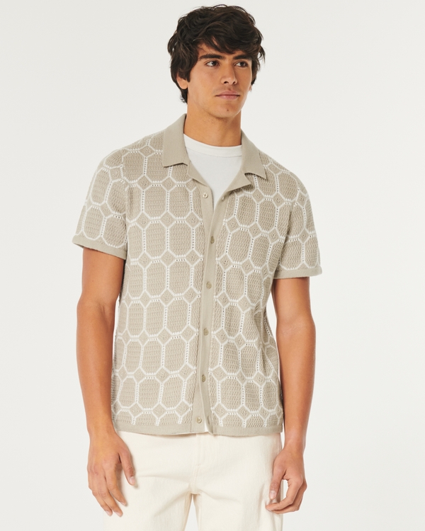 Short-Sleeve Sweater Shirt, Tan Pattern