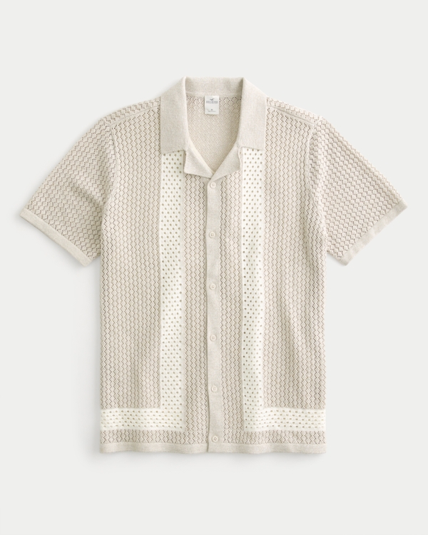 Short-Sleeve Textured Sweater Shirt, Tan