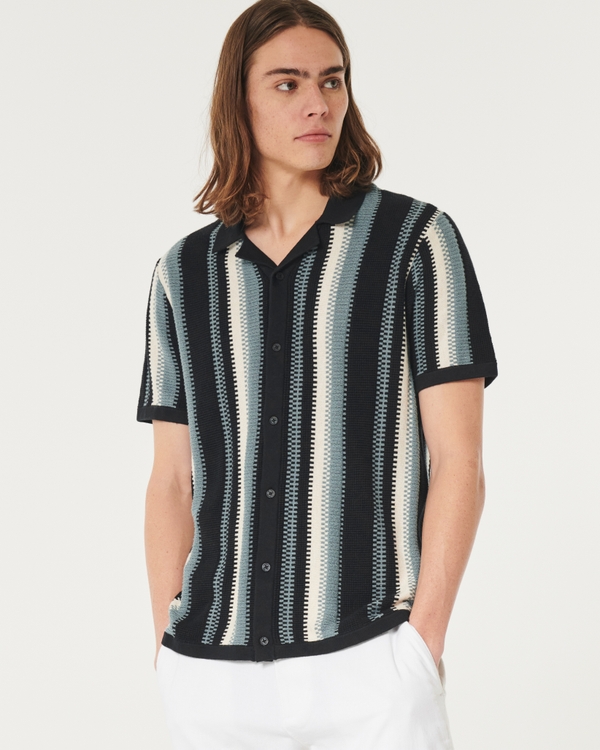 Short-Sleeve Sweater Shirt, Black Stripe