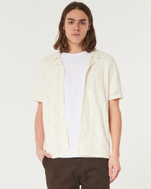 Short-Sleeve Open-Stitch Sweater Shirt, Cream