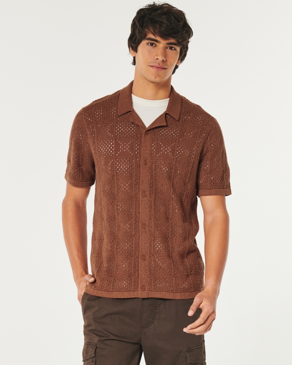 Short-Sleeve Open-Stitch Sweater Shirt