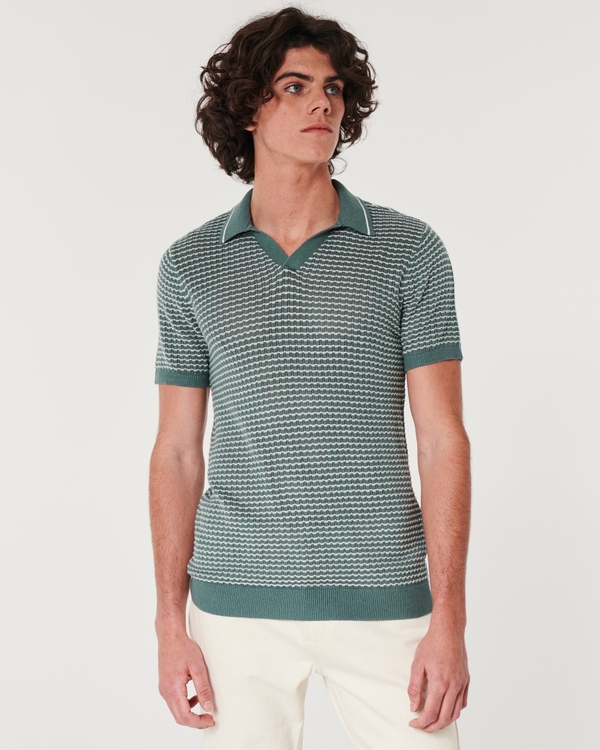 Short-Sleeve Sweater Polo, Teal Pattern