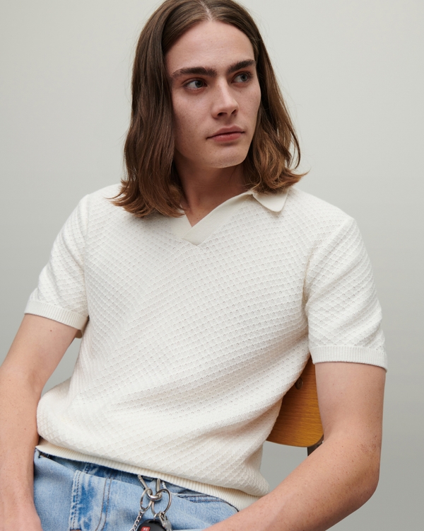 Short-Sleeve Sweater Polo, Cream