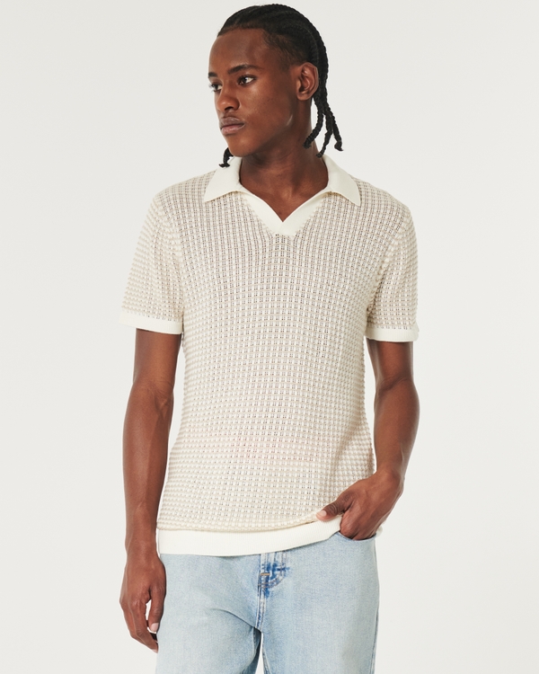 Short-Sleeve Sweater Polo, Cream Pattern