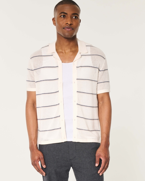 Short-Sleeve Button-Through Sweater Shirt, White Stripe