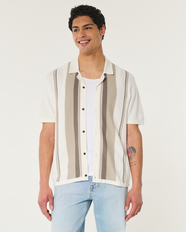 Short-Sleeve Button-Through Sweater Shirt, Cream Stripe