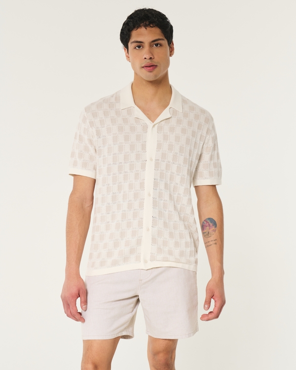 Short-Sleeve Button-Through Sweater Shirt, Cream Pattern