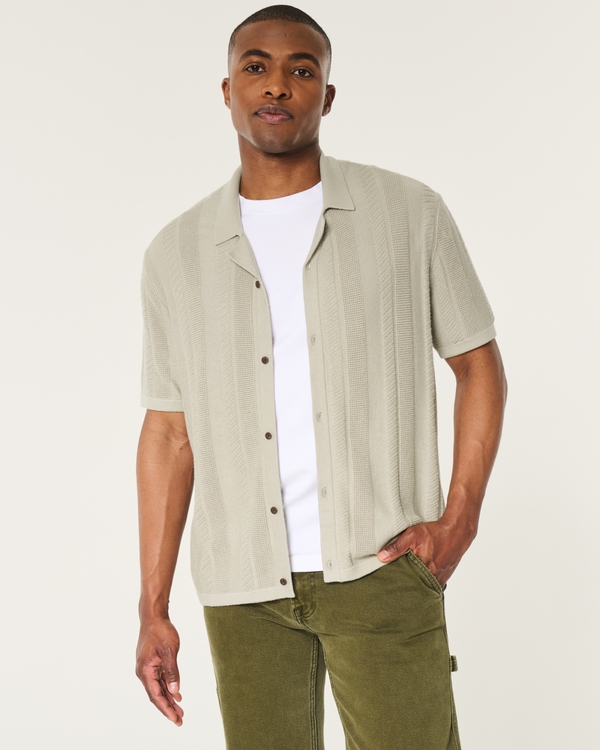 Short-Sleeve Button-Through Sweater Shirt, Taupe