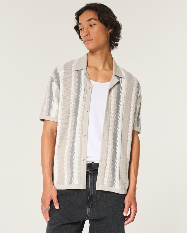 Short-Sleeve Sweater Shirt, Tan Stripe