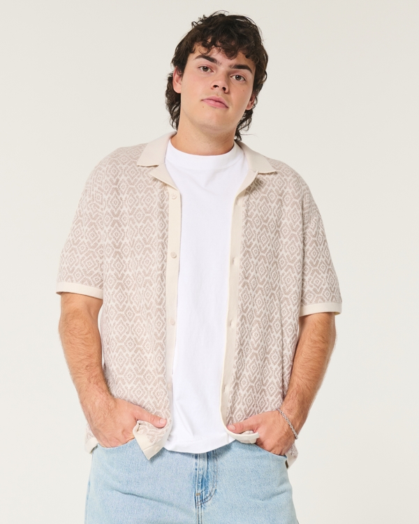 Short-Sleeve Sweater Shirt, White Pattern