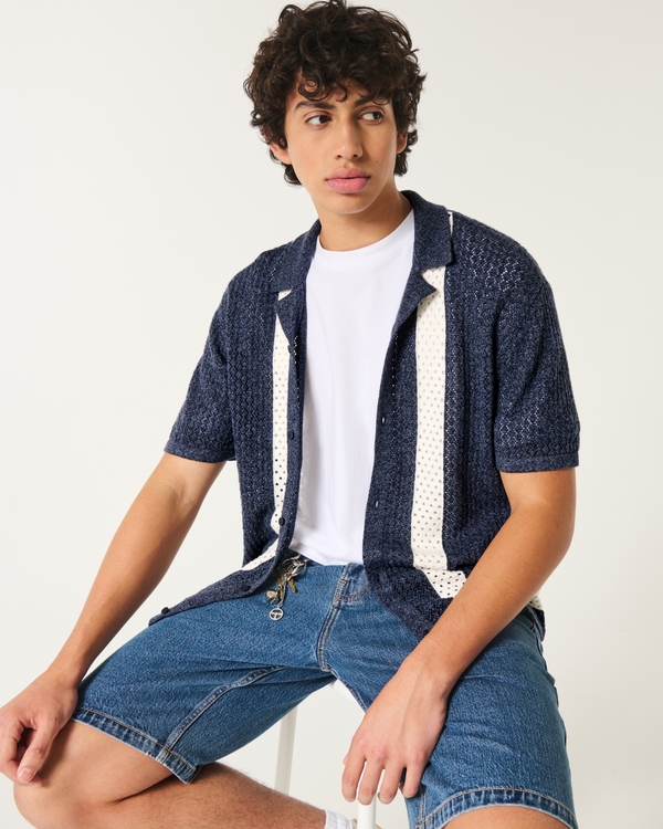 Short-Sleeve Sweater Shirt, Navy Stripe