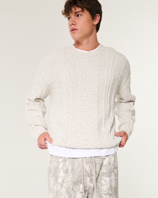 Boxy Cable-Knit Crew Sweater, Cream With Nep