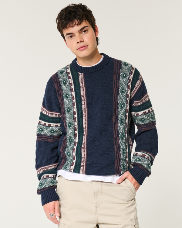 Boxy Pattern Crew Sweater, Navy Pattern