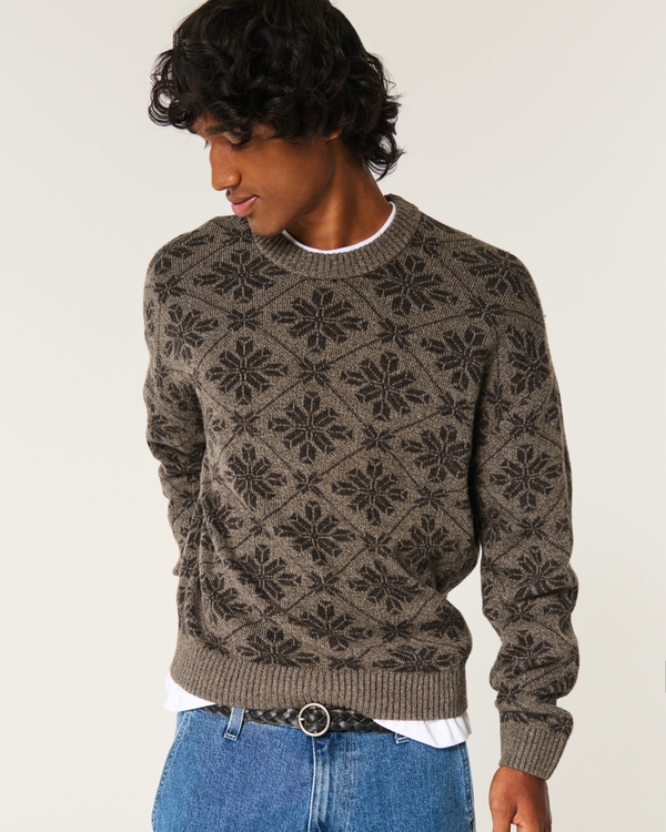 Boxy Pattern Crew Sweater, Heather Brown Pattern