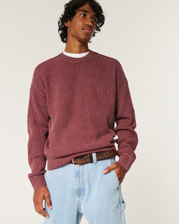 Boxy Washed Crew Sweater, Washed Burgundy