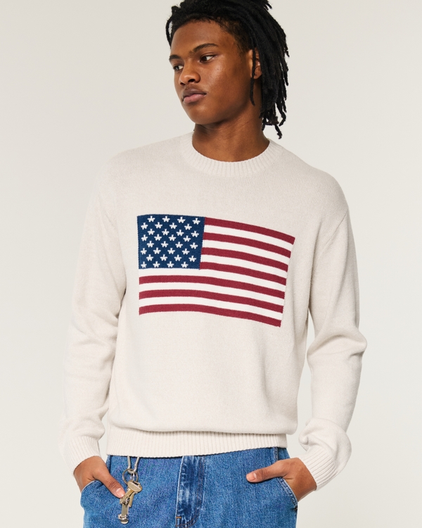Relaxed American Flag Graphic Crew Sweater, Heather Cream view 2