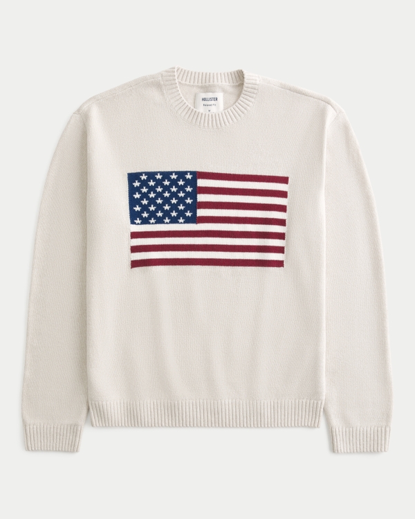 Relaxed American Flag Graphic Crew Sweater, Heather Cream