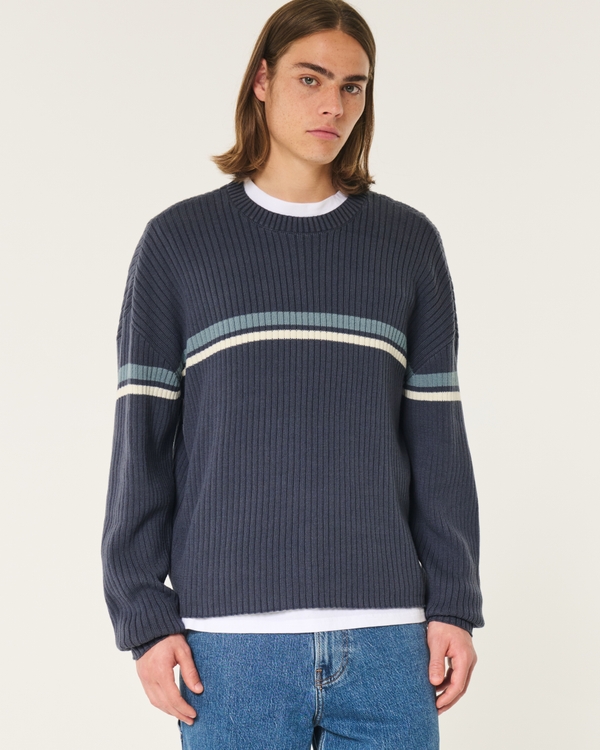 Boxy Crew Sweater, Navy Stripe