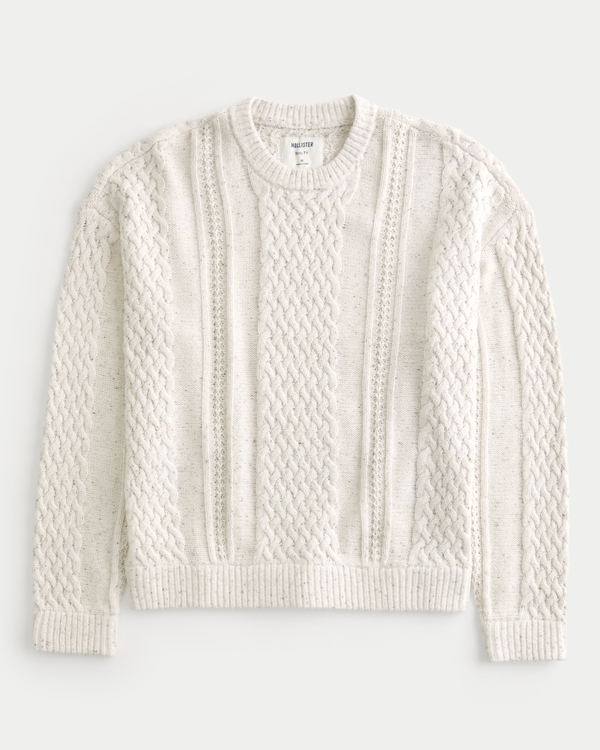 Boxy Textured Crew Sweater, Off White With Nep