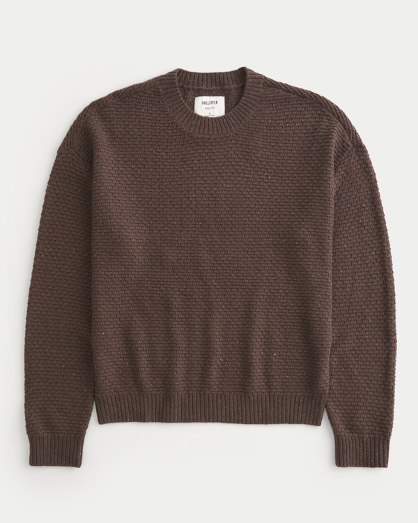 Boxy Textured Crew Sweater, Brown With Nep