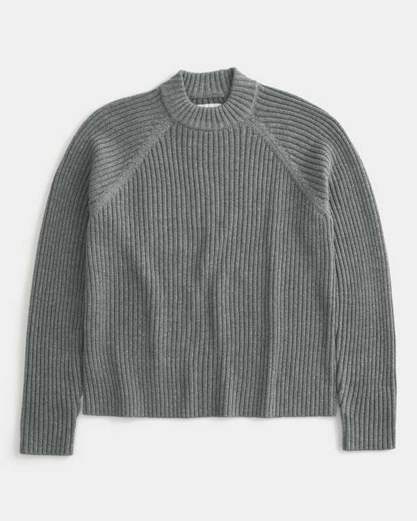 Relaxed Mock-Neck Sweater, Dark Heather Grey
