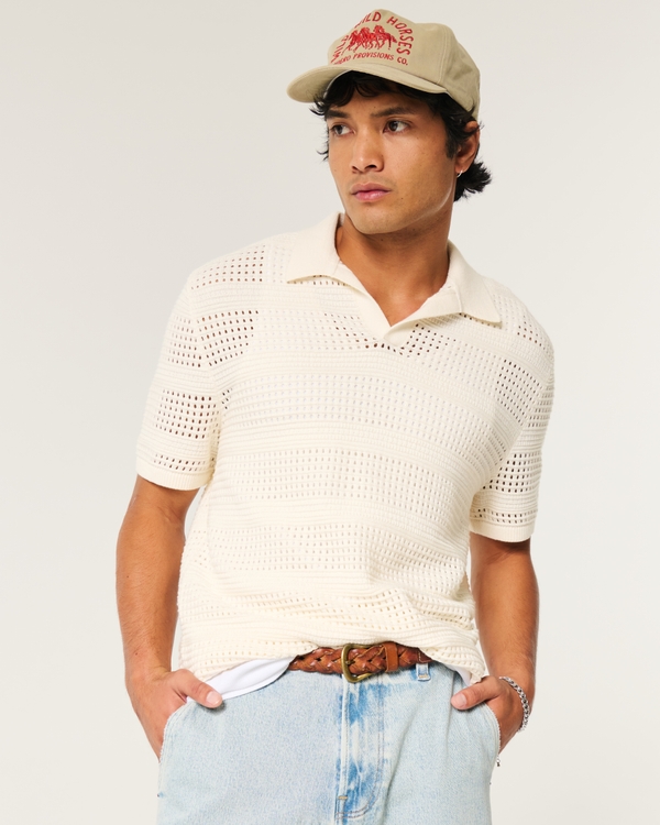 Short-Sleeve Open-Stitch Sweater Polo, Cream