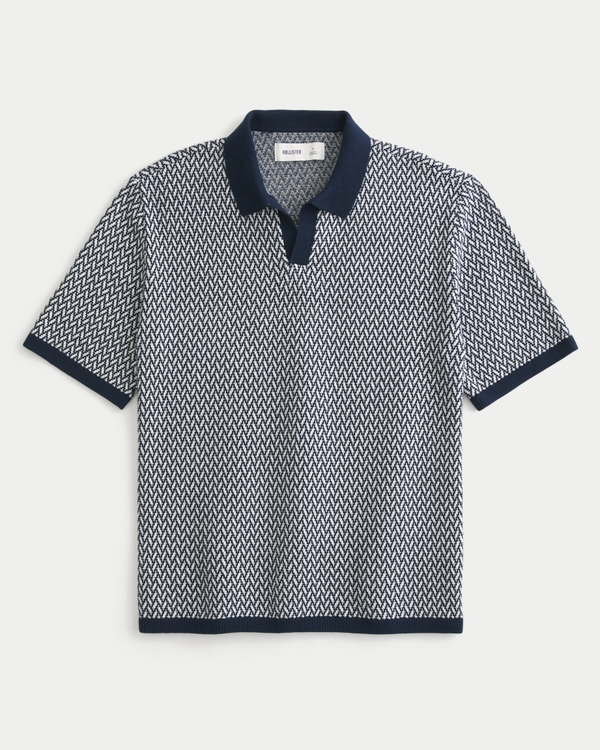 Boxy Short-Sleeve Sweater Polo, Navy Pattern view 1