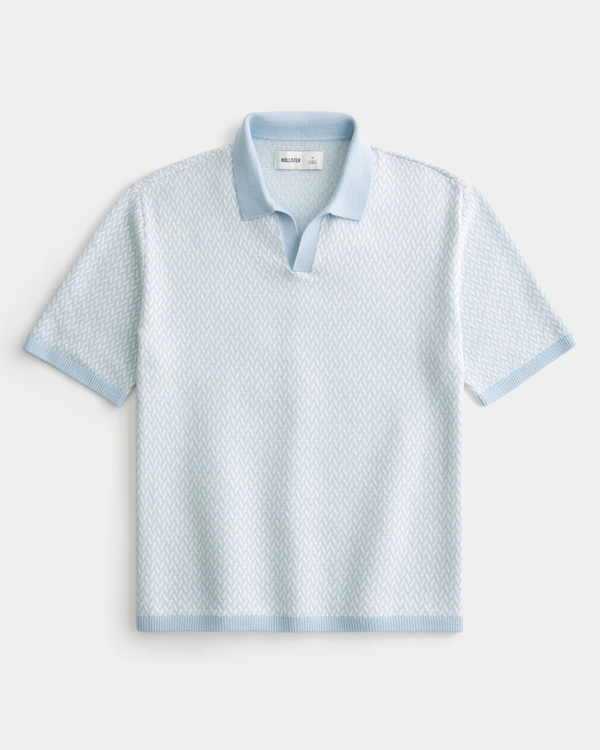Boxy Short-Sleeve Sweater Polo, Light Blue Pattern view 1