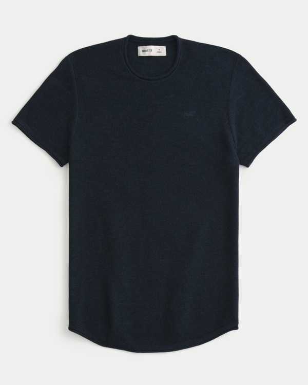T-shirt en maille à emblème avec col ras du cou, Bleu Marine Chiné view 1