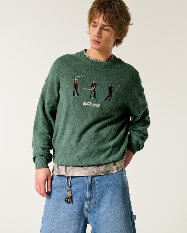 Pull à col rond boxy avec graphique golf, Vert view 1