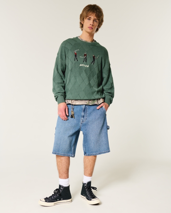 Pull à col rond boxy avec graphique golf, Vert view 2