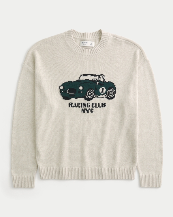Boxy Racing Graphic Crew Sweater, Cream view 1