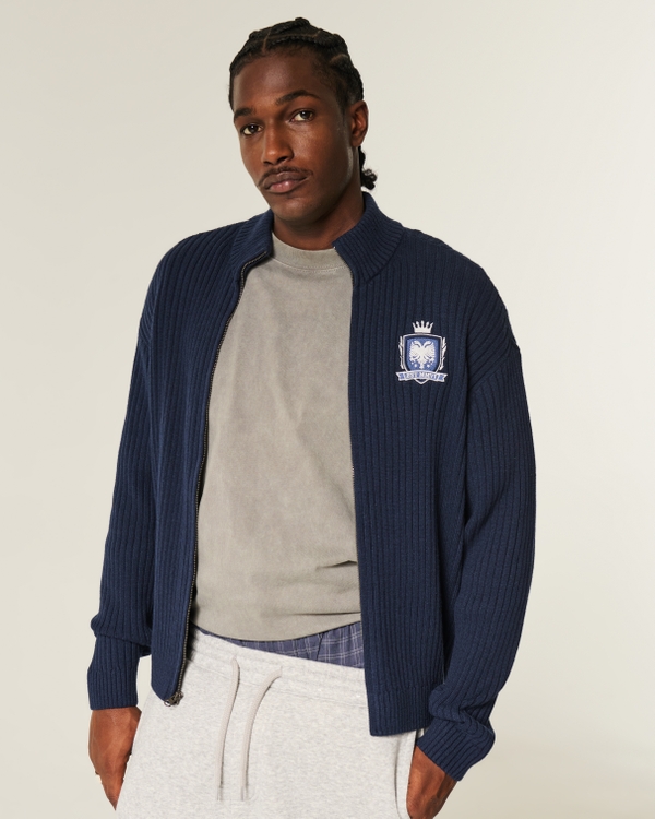 Relaxed Zip-Up Emblem Sweater, Navy view 1